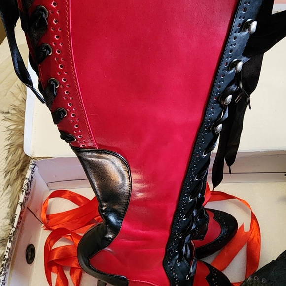 Pleaser Tempt Red and Black Women's Knee High Boots Zipper Satin Laces US Sz. 7 - Picture 5 of 10
